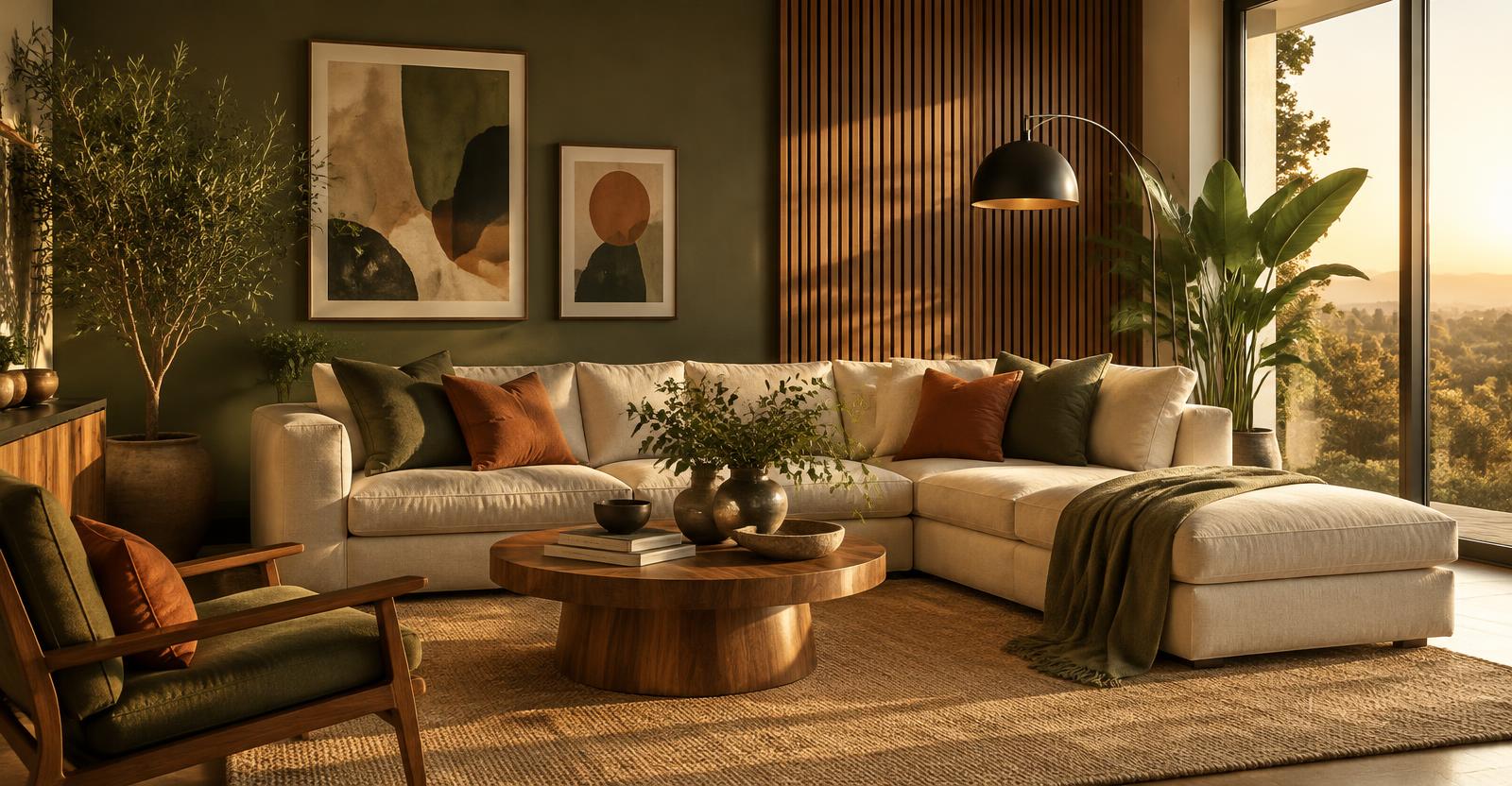 Sala contemporânea com parede verde oliva